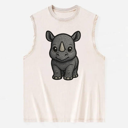 Baby Rhino - gray armor skin, tiny horn nub, round eyes, front-facing, tank - Vintage Washed Tank - Beige