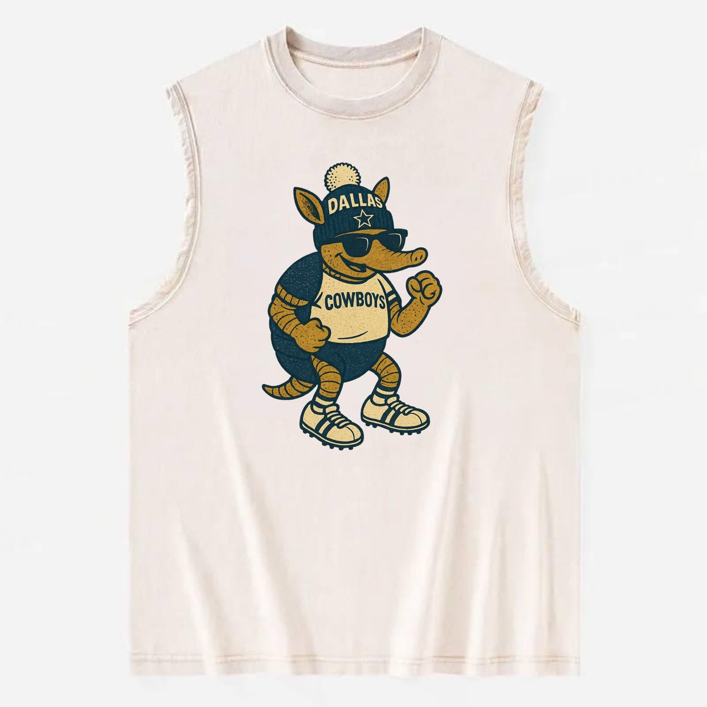 Dallas Armadillo wearing Cowboys beanie with lone star patch and wayfarer - Vintage Washed Tank - Beige
