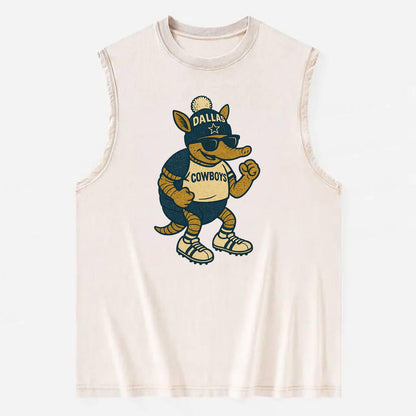 Dallas Armadillo wearing Cowboys beanie with lone star patch and wayfarer - Vintage Washed Tank - Beige