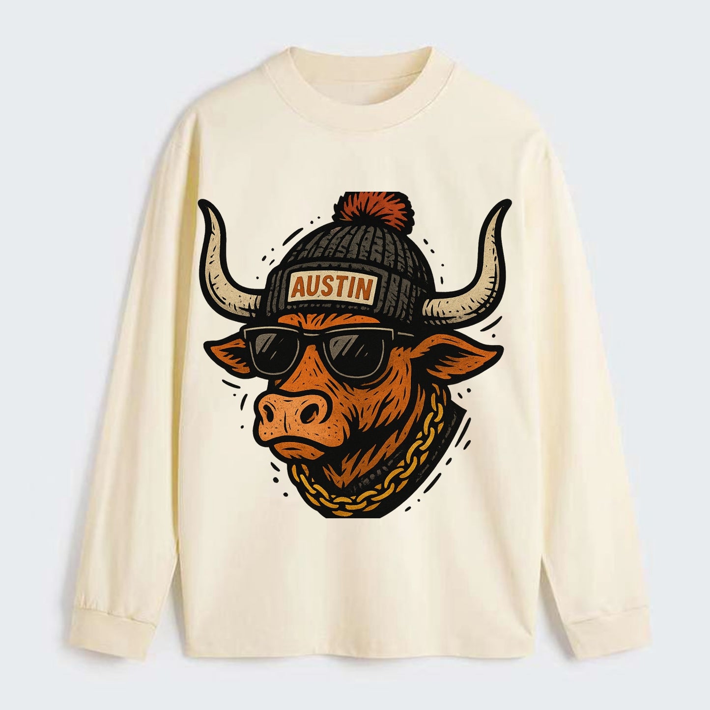 Texas Longhorn wearing Austin beanie with pom pom and wayfarer - Classic Long Sleeve Shirt - Beige