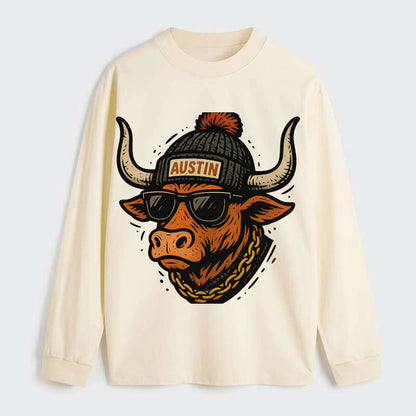 Texas Longhorn wearing Austin beanie with pom pom and wayfarer - Classic Long Sleeve Shirt - Beige