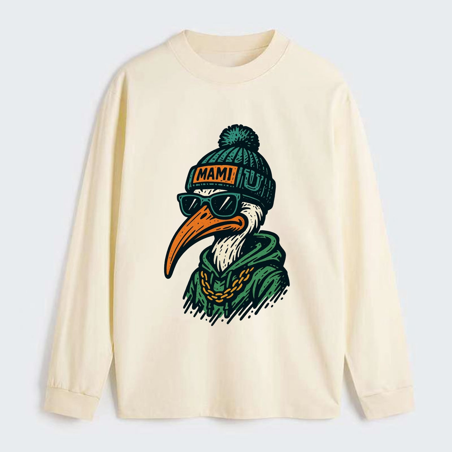 Coral Gables Ibis wearing Miami beanie with U patch - Classic Long Sleeve Shirt - Beige