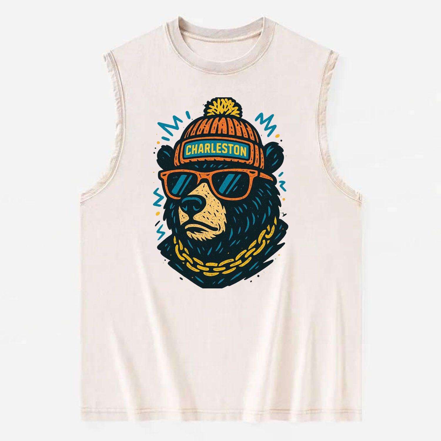 West Virginia Black Bear wearing Charleston beanie with pom pom and wayfarer - Vintage Washed Tank - Beige