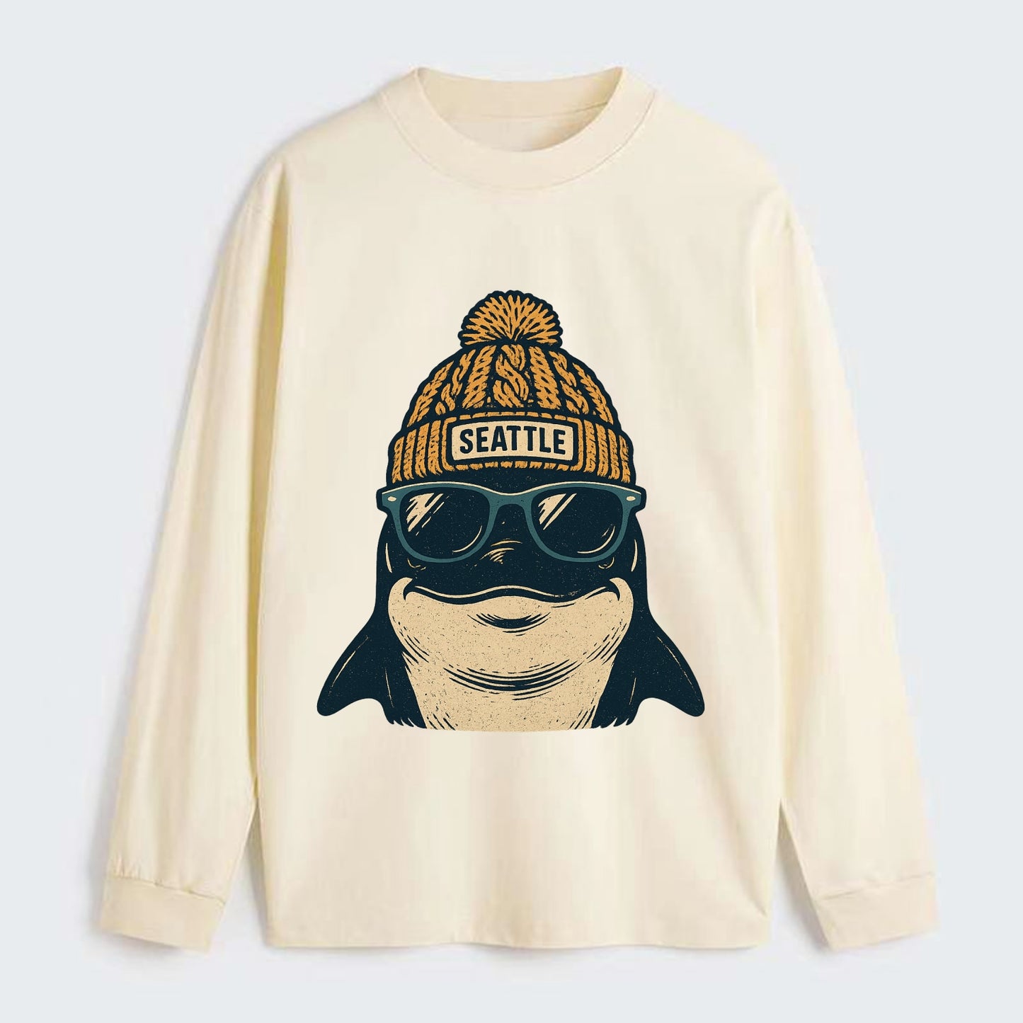 Seattle Orca wearing Seattle beanie with pom pom and wayfarer sunglasses - Classic Long Sleeve Shirt - Beige