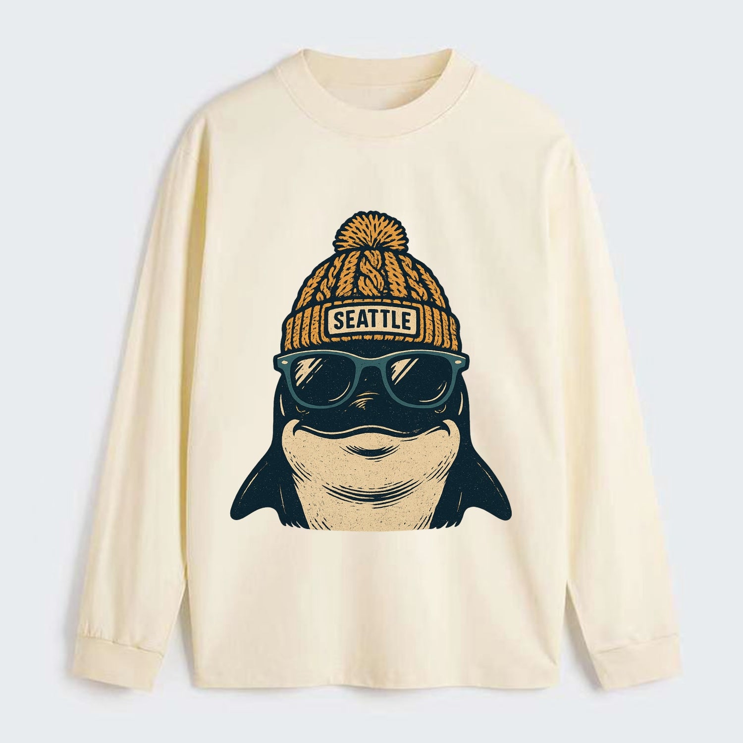Seattle Orca wearing Seattle beanie with pom pom and wayfarer sunglasses - Classic Long Sleeve Shirt - Beige