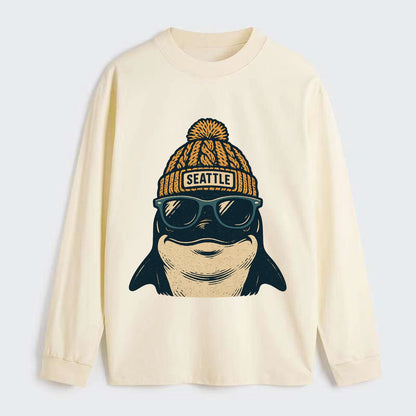 Seattle Orca wearing Seattle beanie with pom pom and wayfarer sunglasses - Classic Long Sleeve Shirt - Beige