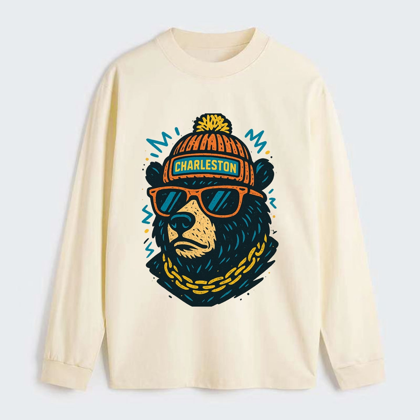 West Virginia Black Bear wearing Charleston beanie with pom pom and - Classic Long Sleeve Shirt - Beige