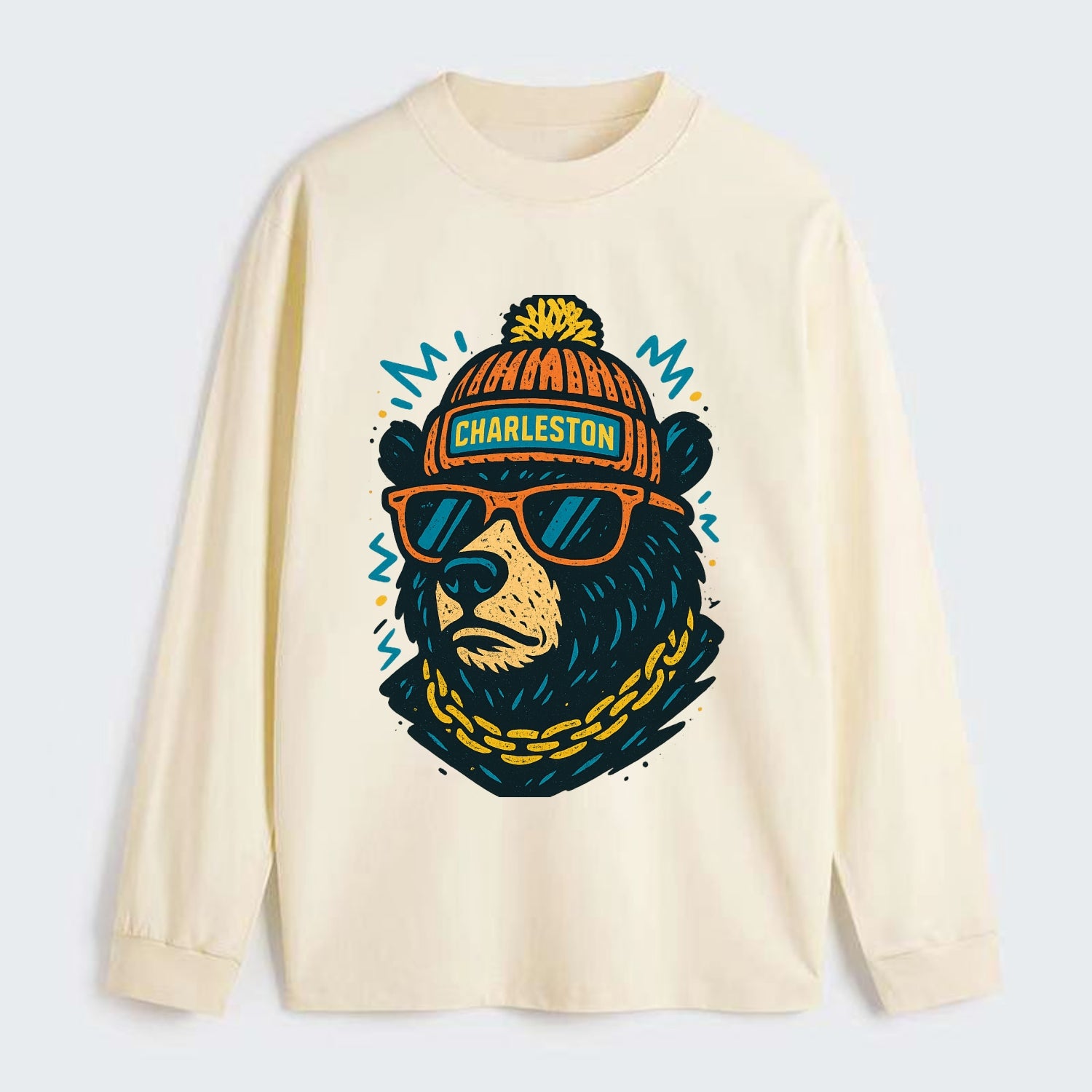West Virginia Black Bear wearing Charleston beanie with pom pom and - Classic Long Sleeve Shirt - Beige