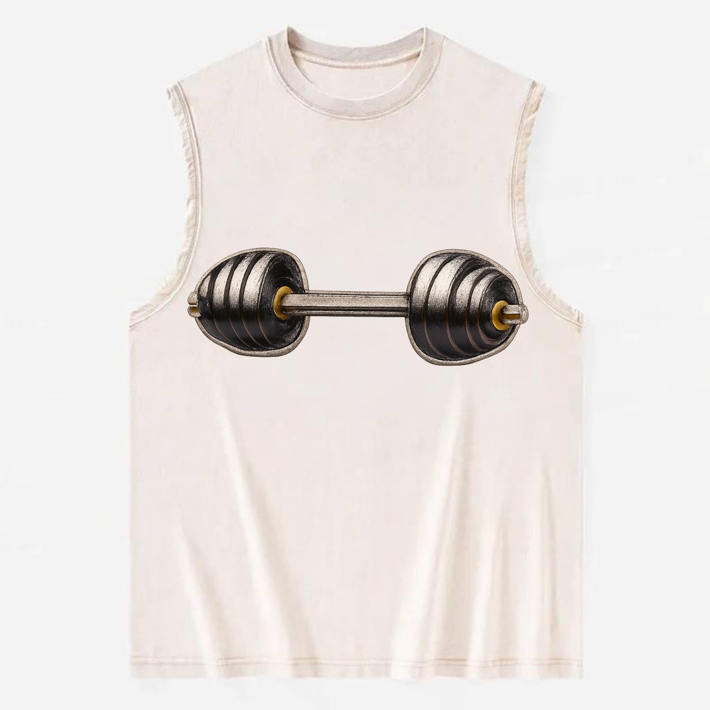 WEIGHTLIFTING BARBELL - heavy barbell with plates in silver and black , iron - Vintage Washed Tank - Beige