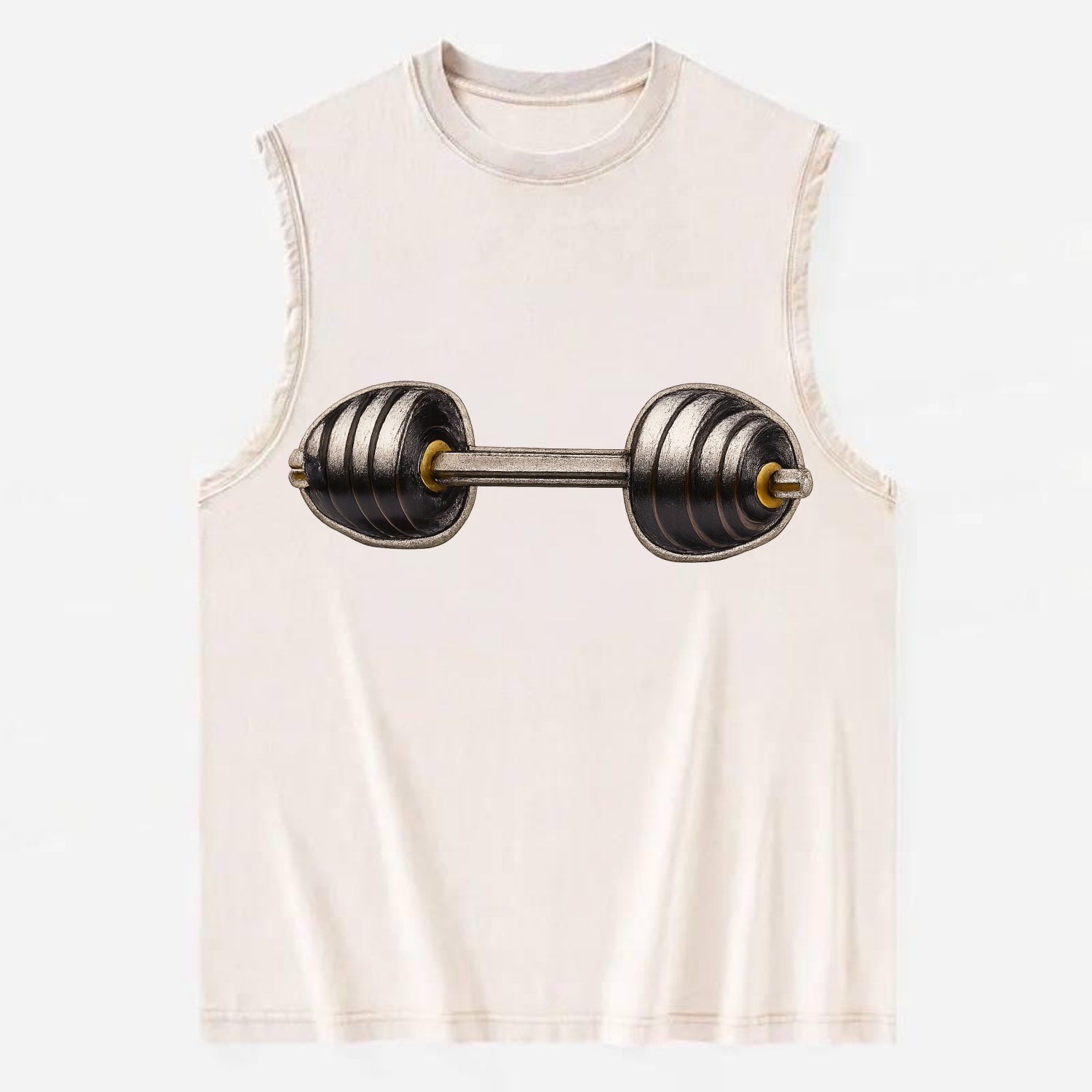 WEIGHTLIFTING BARBELL - heavy barbell with plates in silver and black , iron - Vintage Washed Tank - Beige