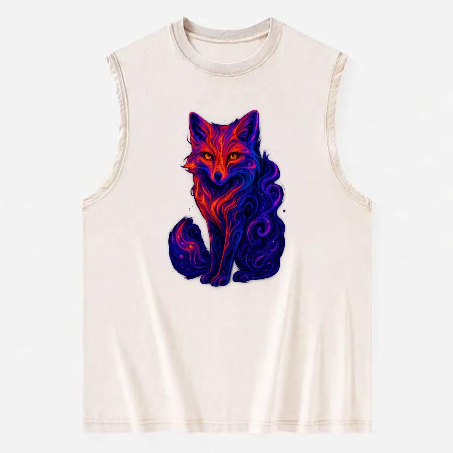 Clever fox with tail dissolving into cosmic nebula swirls, orange to purple - Vintage Washed Tank - Beige