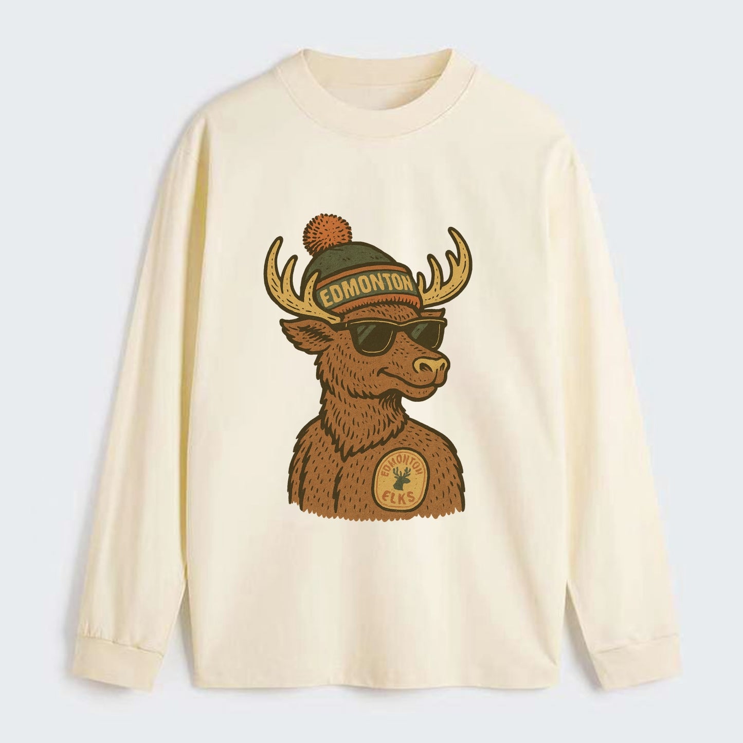 Edmonton Elk wearing Edmonton beanie with pom pom and wayfarer - Classic Long Sleeve Shirt - Beige