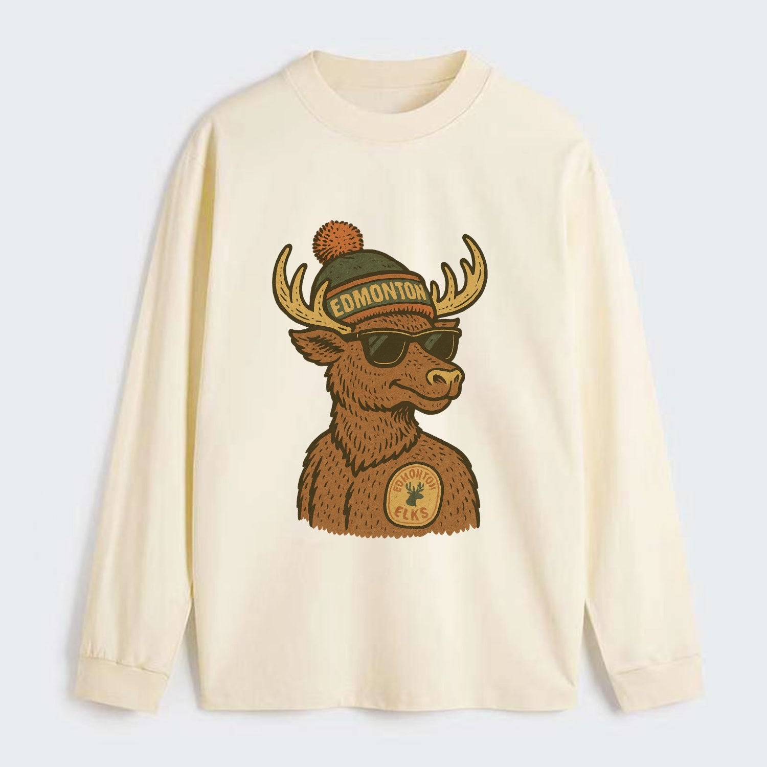 Edmonton Elk wearing Edmonton beanie with pom pom and wayfarer - Classic Long Sleeve Shirt - Beige