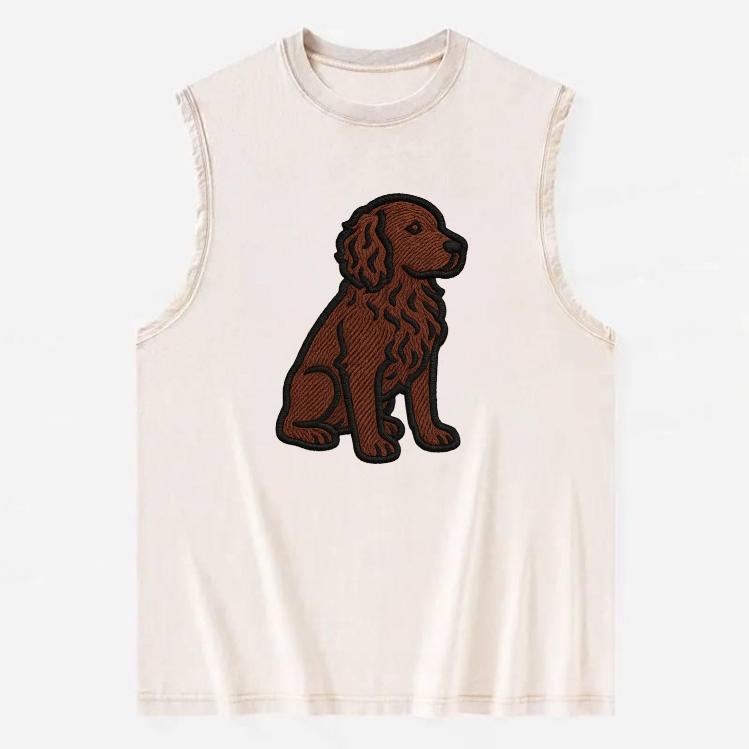 Boykin Spaniel - Rich chocolate brown wavy coat embroidered sitting pose - Vintage Washed Tank - Beige