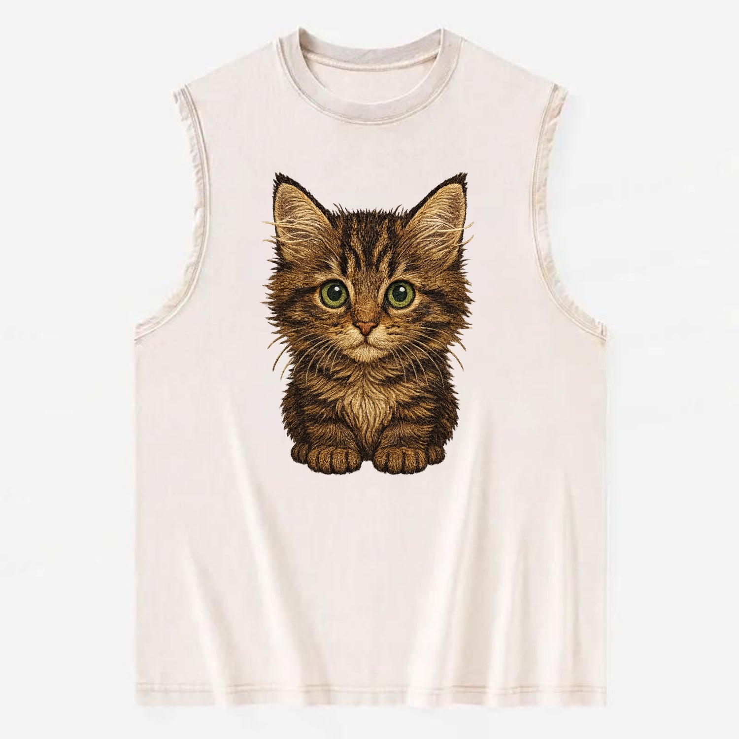 Baby Maine Coon Kitten - large fluffy tabby, tufted ears, big green eyes, - Vintage Washed Tank - Beige