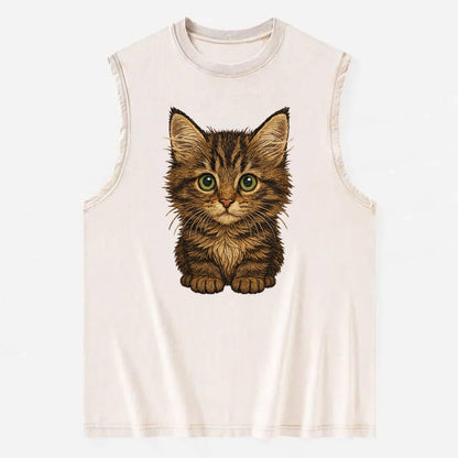 Baby Maine Coon Kitten - large fluffy tabby, tufted ears, big green eyes, - Vintage Washed Tank - Beige