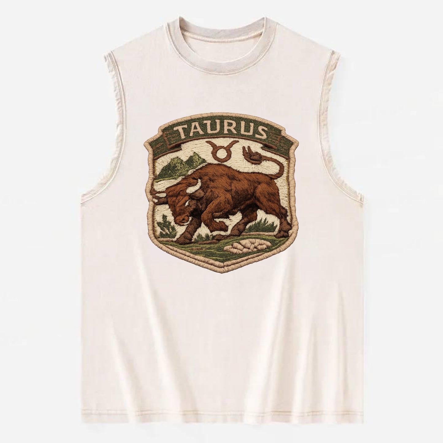 TAURUS BULL - strong bull in brown and green , earth sign - Vintage Washed Tank - Beige