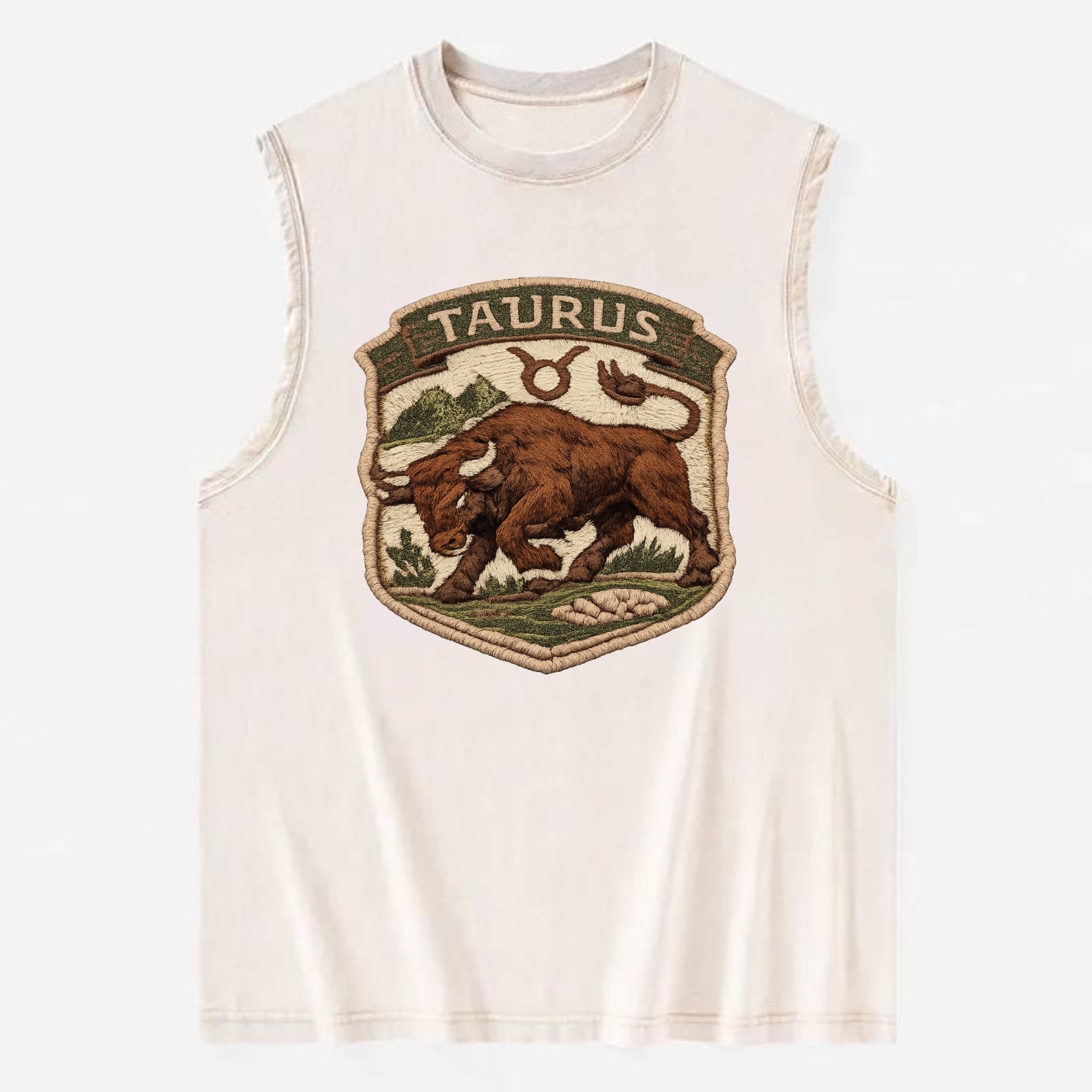 TAURUS BULL - strong bull in brown and green , earth sign - Vintage Washed Tank - Beige
