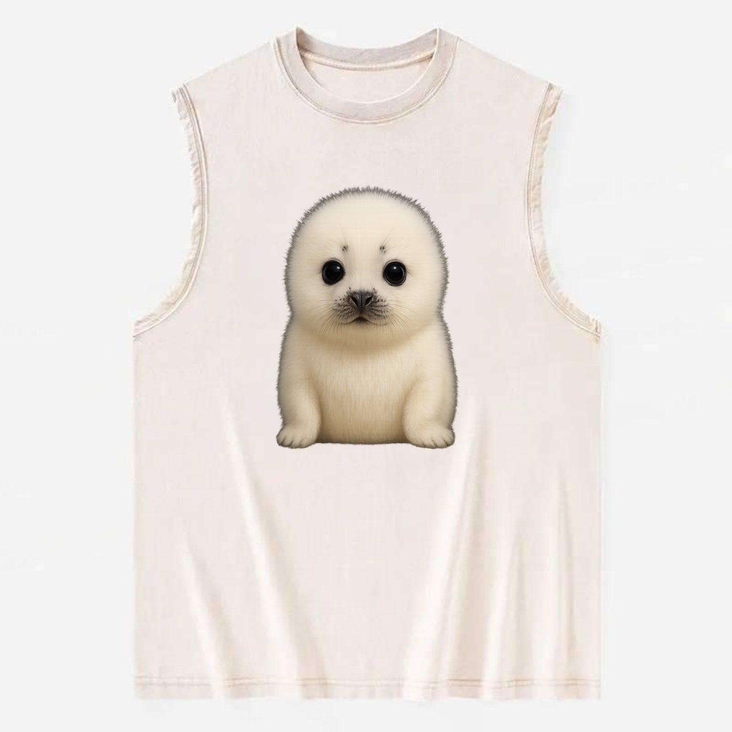 Baby Harp Seal - pure white fluffy fur, enormous dark eyes, front-facing, - Vintage Washed Tank - Beige