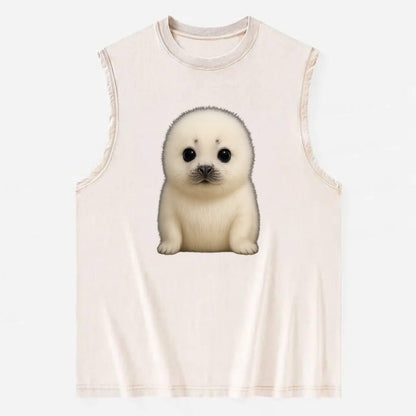 Baby Harp Seal - pure white fluffy fur, enormous dark eyes, front-facing, - Vintage Washed Tank - Beige