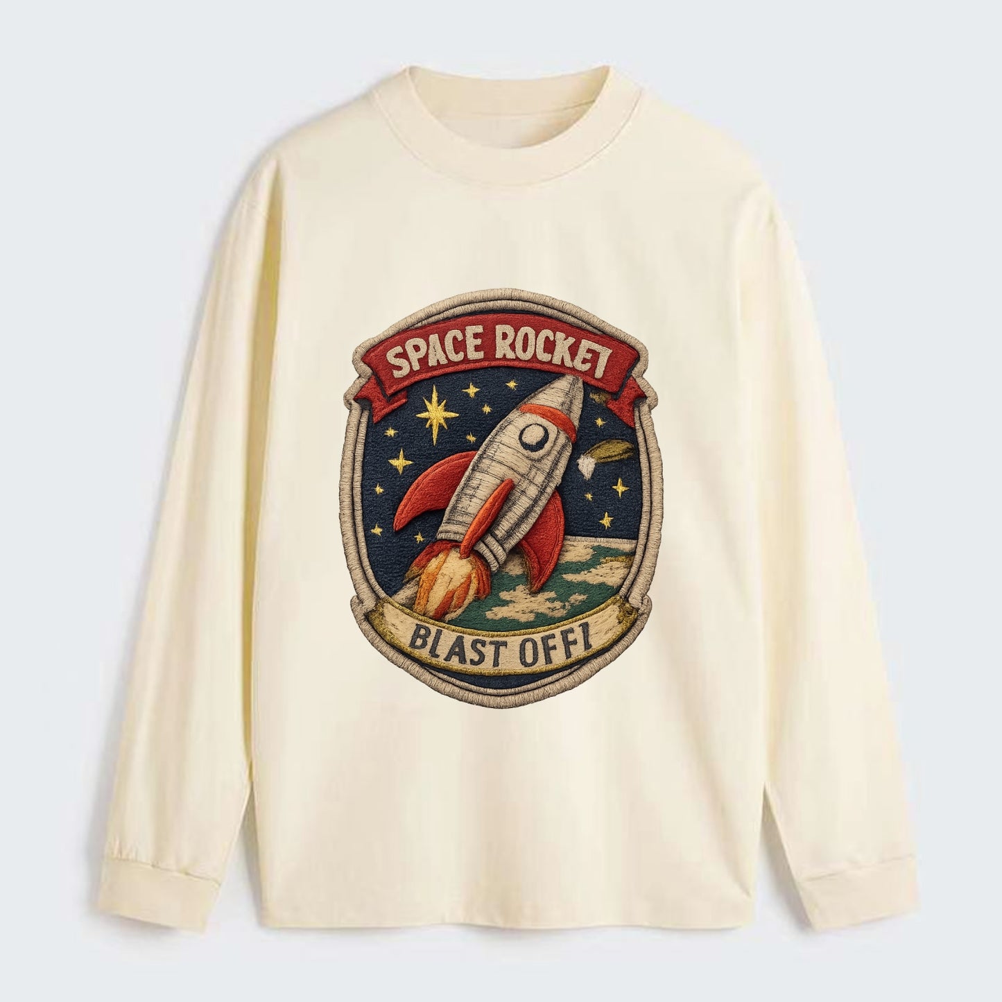 RETRO ROCKET - 1950s space rocket in silver and red , atomic age - Classic Long Sleeve Shirt - Beige