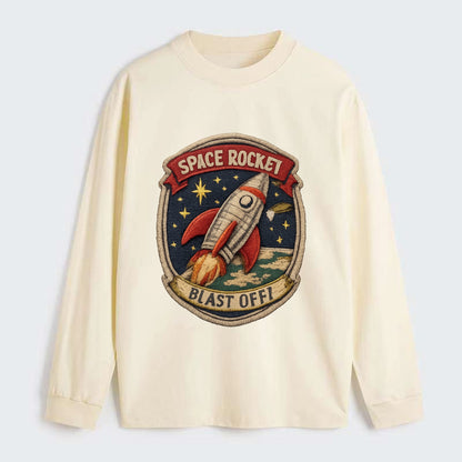 RETRO ROCKET - 1950s space rocket in silver and red , atomic age - Classic Long Sleeve Shirt - Beige
