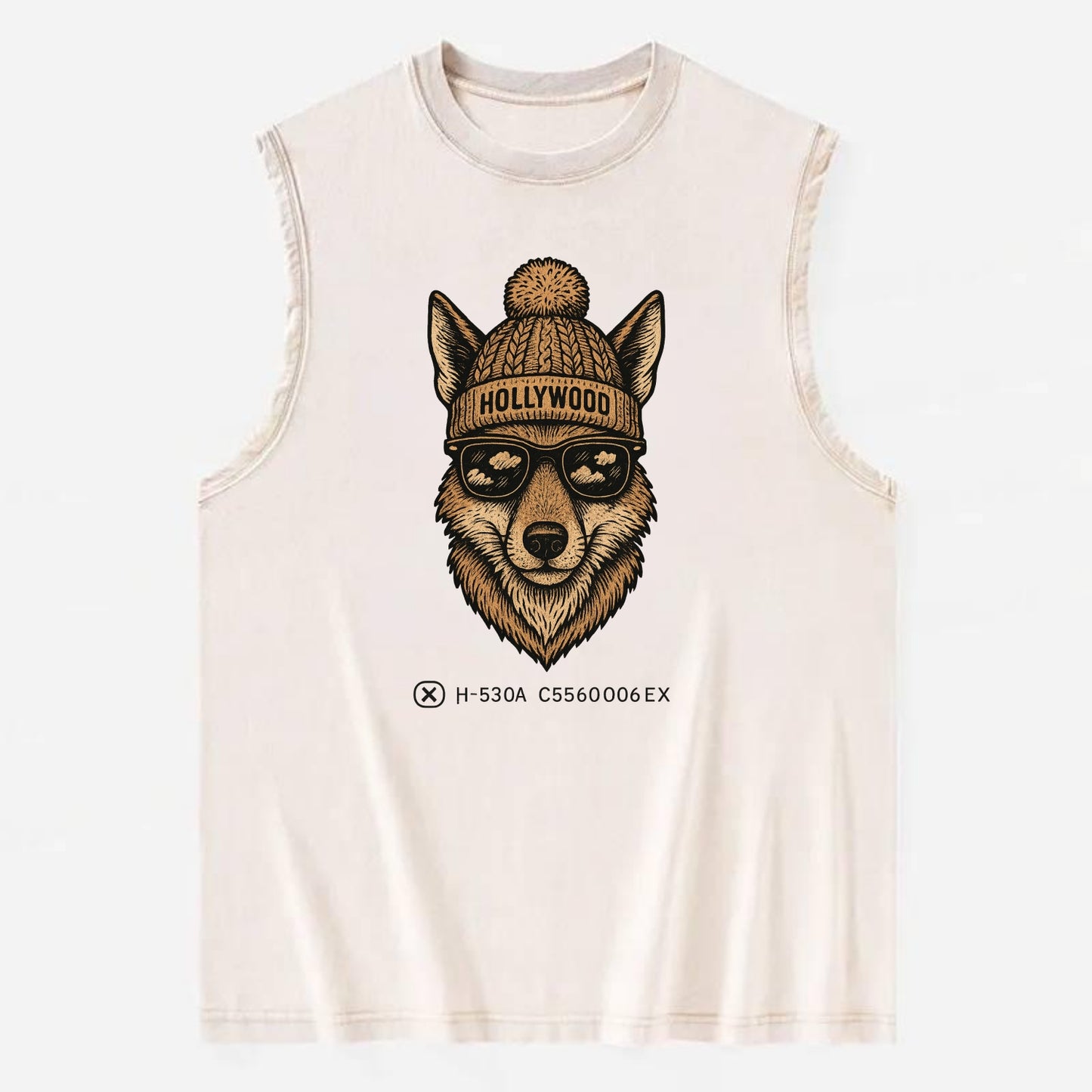 LA Coyote wearing Hollywood beanie with pom pom and wayfarer sunglasses - Vintage Washed Tank - Beige