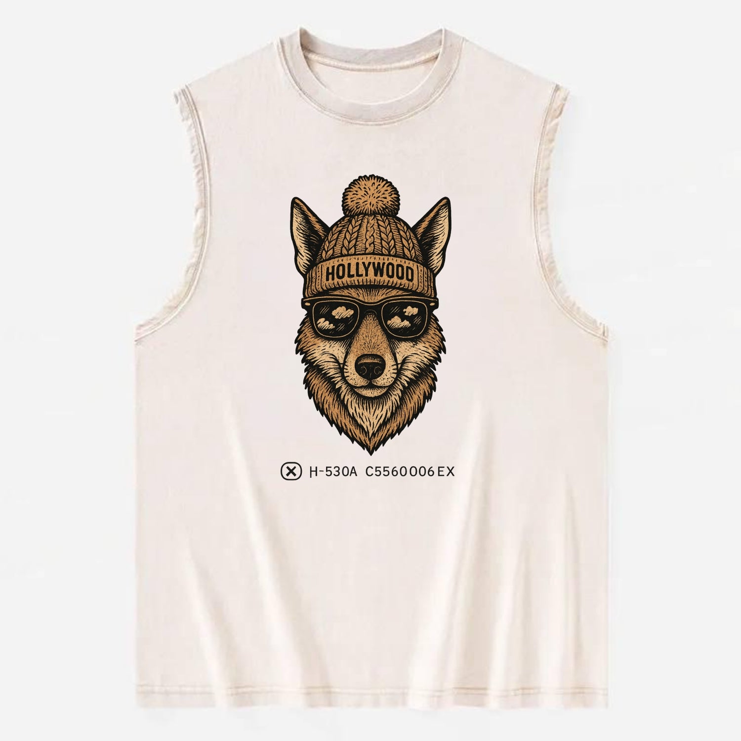 LA Coyote wearing Hollywood beanie with pom pom and wayfarer sunglasses - Vintage Washed Tank - Beige