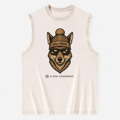 LA Coyote wearing Hollywood beanie with pom pom and wayfarer sunglasses - Vintage Washed Tank - Beige