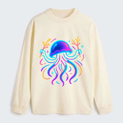 Jellyfish conducting a glow orchestra using coral batons in deep ocean - Classic Long Sleeve Shirt - Beige