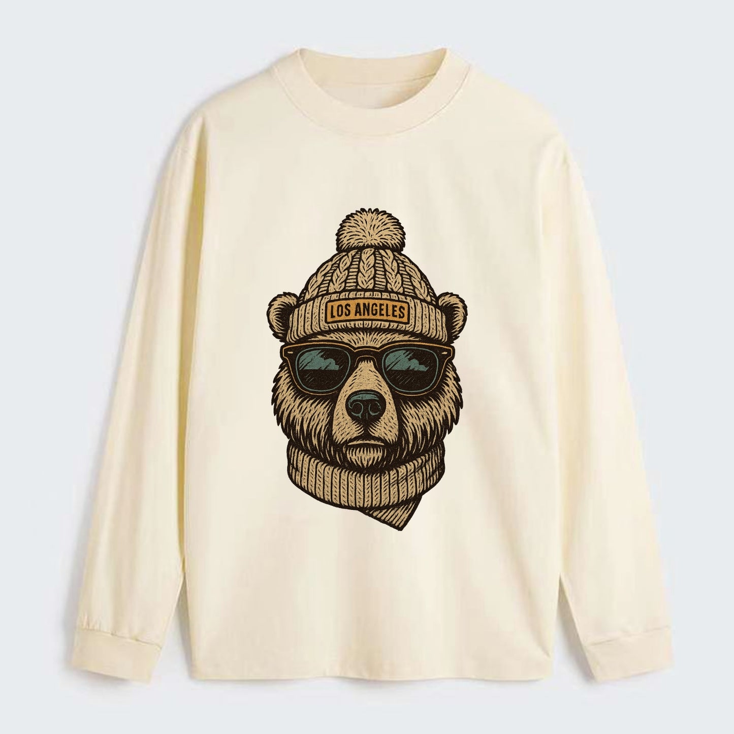 California Grizzly Bear wearing Los Angeles beanie with pom pom and - Classic Long Sleeve Shirt - Beige