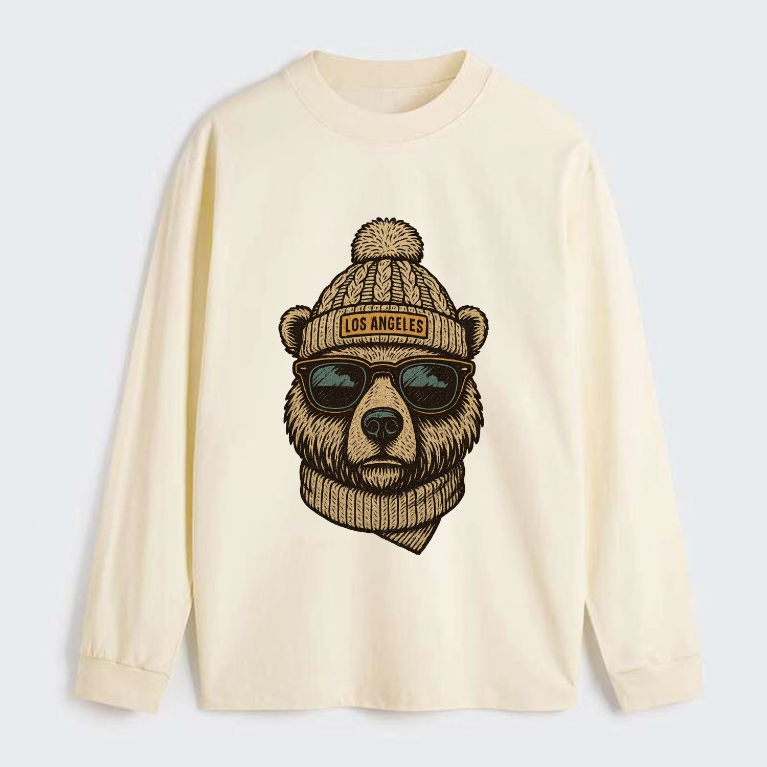California Grizzly Bear wearing Los Angeles beanie with pom pom and - Classic Long Sleeve Shirt - Beige