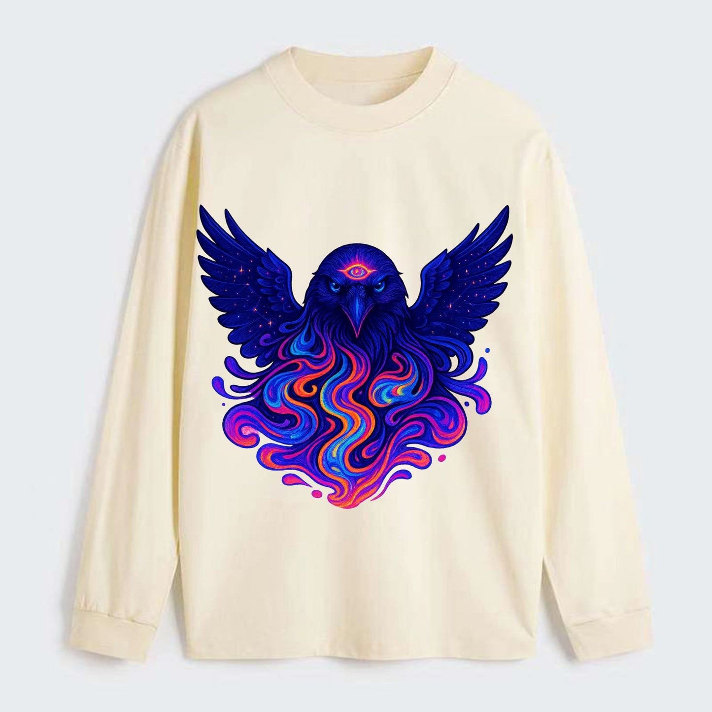Mysterious raven with feathers showing future visions in neon colors, - Classic Long Sleeve Shirt - Beige