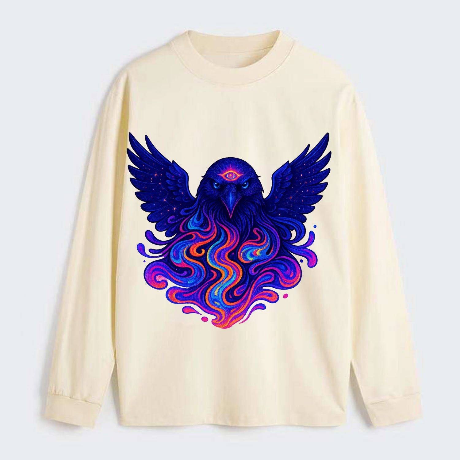 Mysterious raven with feathers showing future visions in neon colors, - Classic Long Sleeve Shirt - Beige