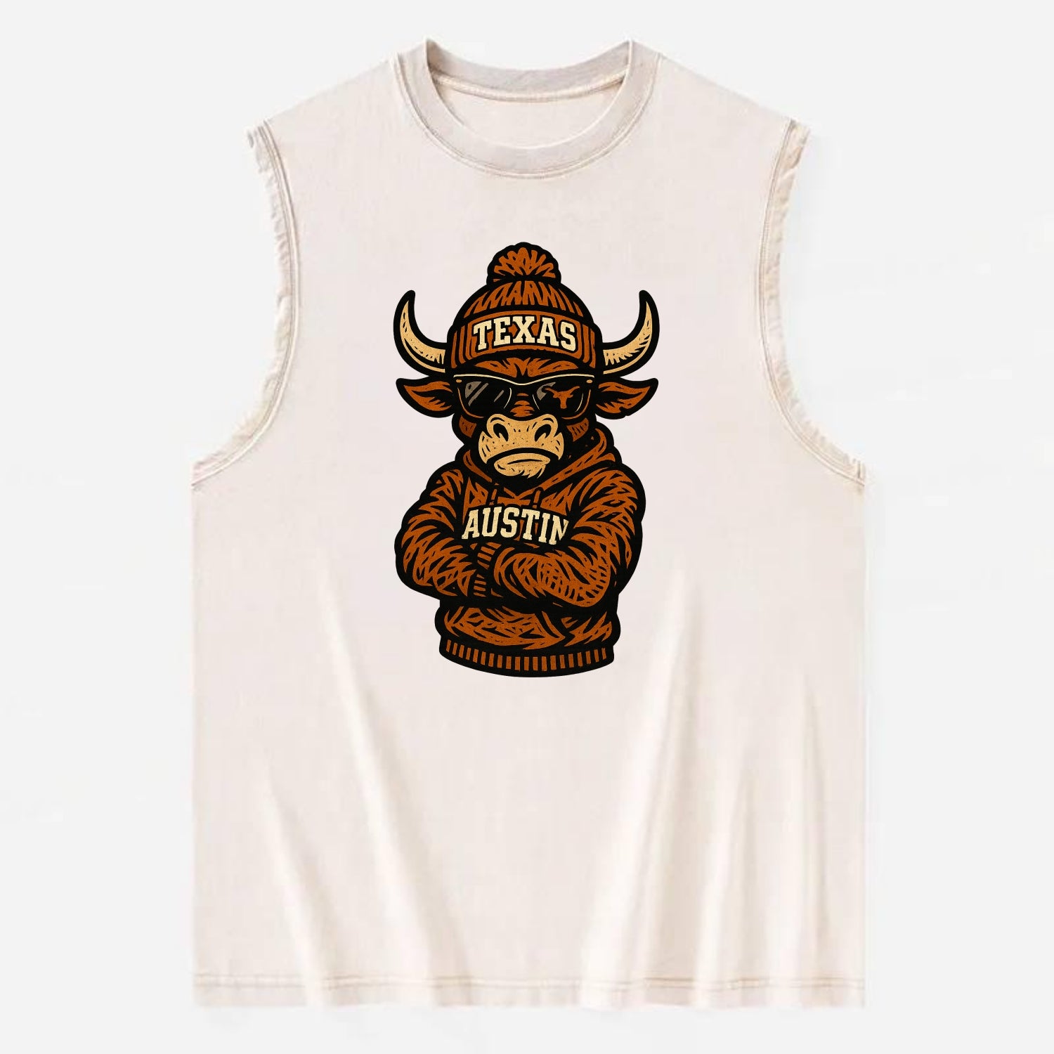 Austin Bevo wearing Texas beanie with longhorn patch - Vintage Washed Tank - Beige