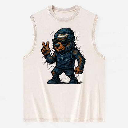 Memphis Grizzly Bear wearing Grizzlies navy and light blue beanie with Beale - Vintage Washed Tank - Beige