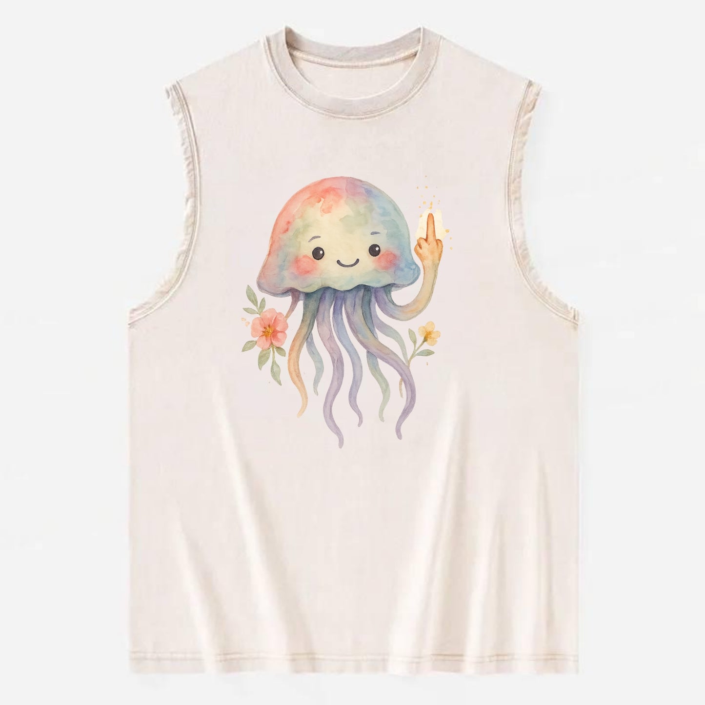 jellyfish with kawaii face and tentacles, one tentacle pointing up defiantly - Vintage Washed Tank - Beige