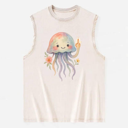 jellyfish with kawaii face and tentacles, one tentacle pointing up defiantly - Vintage Washed Tank - Beige