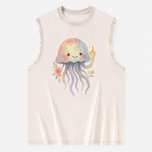 jellyfish with kawaii face and tentacles, one tentacle pointing up defiantly - Vintage Washed Tank - Beige