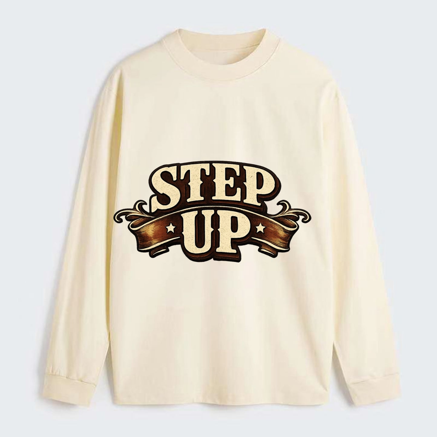 Bold typography design - "STEP UP" - rise to occasion, take charge - Classic Long Sleeve Shirt - Beige