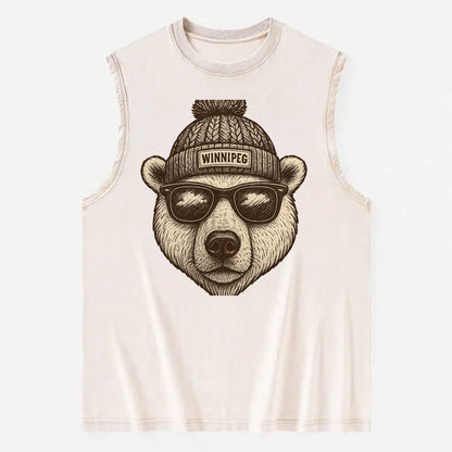 Winnipeg Polar Bear wearing Winnipeg beanie with pom pom and wayfarer - Vintage Washed Tank - Beige