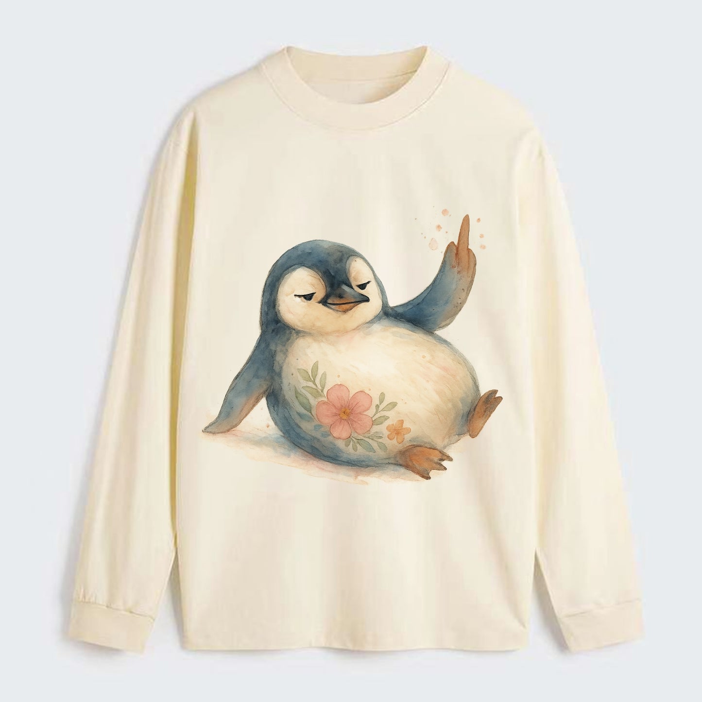 chubby penguin sliding on belly, one flipper up giving attitude - Classic Long Sleeve Shirt - Beige