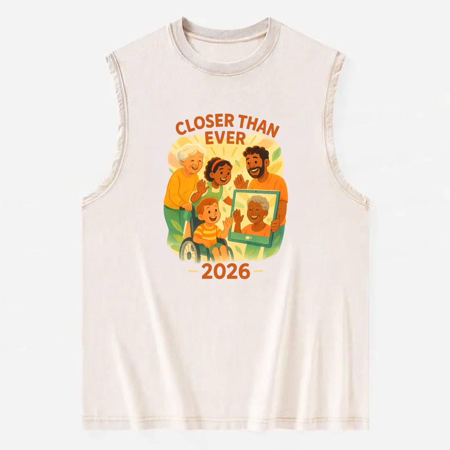 Technology bringing distant families together - "Closer Than Ever" - - Vintage Washed Tank - Beige