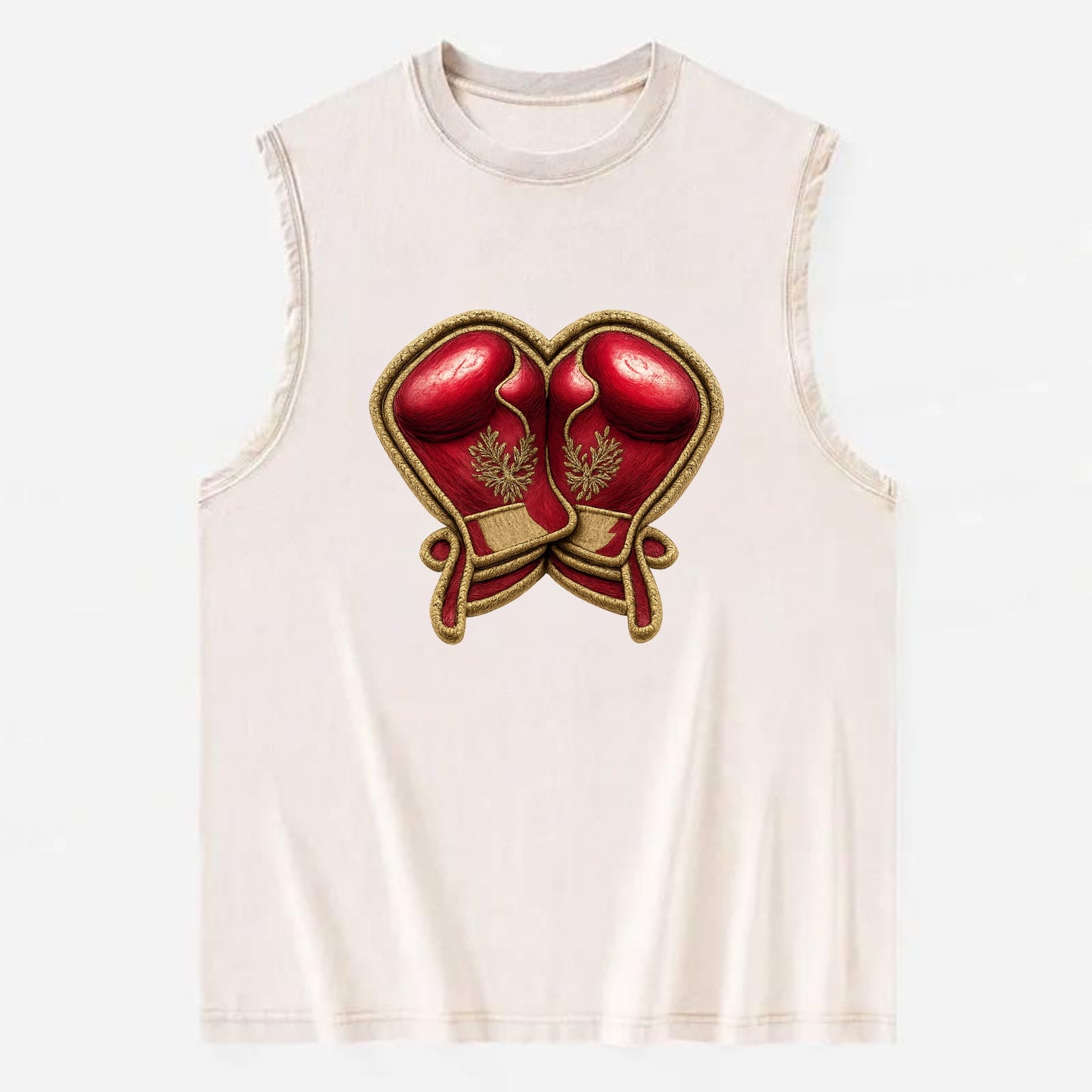 Embroidered patch design - BOXING GLOVES - red boxing gloves crossed in - Vintage Washed Tank - Beige