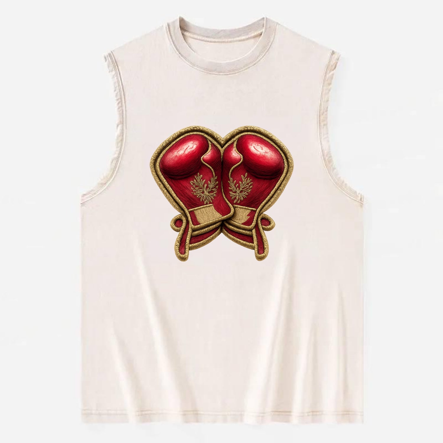 Embroidered patch design - BOXING GLOVES - red boxing gloves crossed in - Vintage Washed Tank - Beige