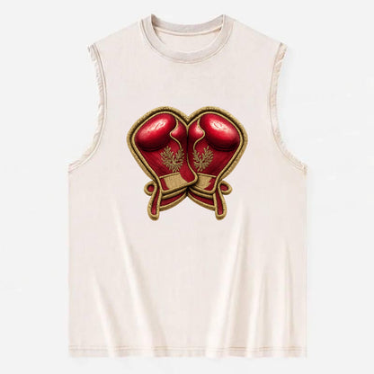 Embroidered patch design - BOXING GLOVES - red boxing gloves crossed in - Vintage Washed Tank - Beige