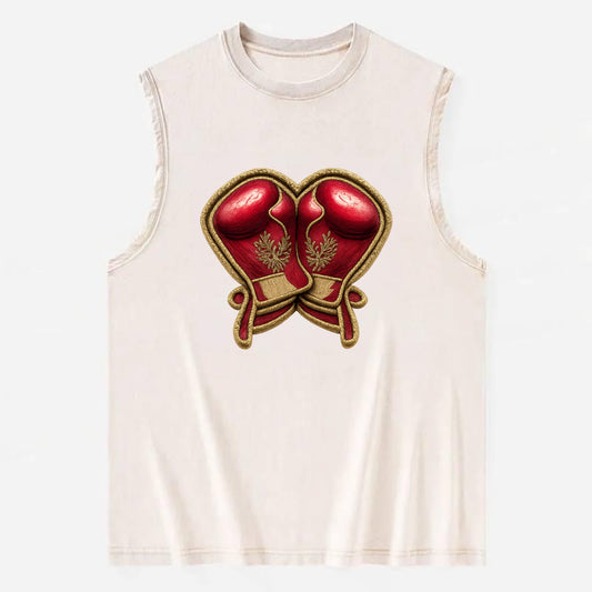 Embroidered patch design - BOXING GLOVES - red boxing gloves crossed in - Vintage Washed Tank - Beige