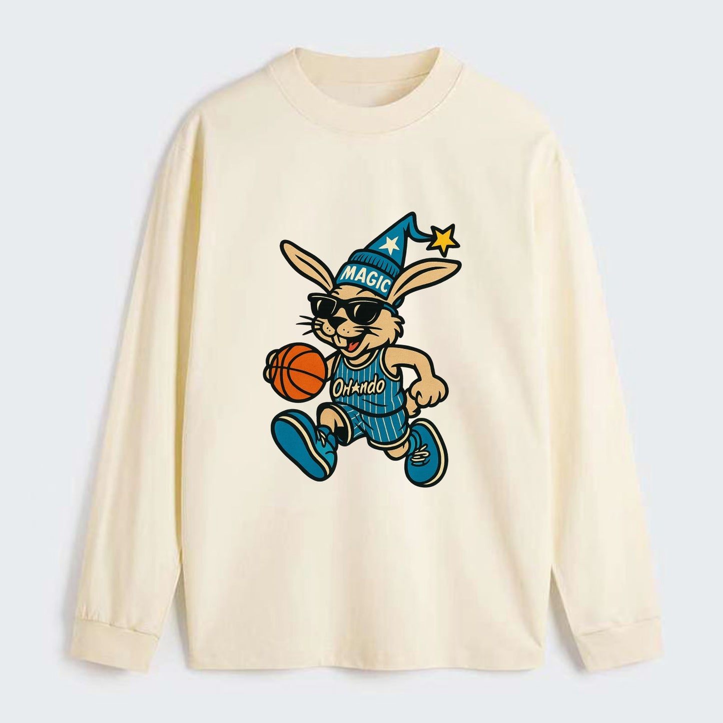 Orlando Rabbit wearing Magic blue and silver beanie with wizard hat and - Classic Long Sleeve Shirt - Beige