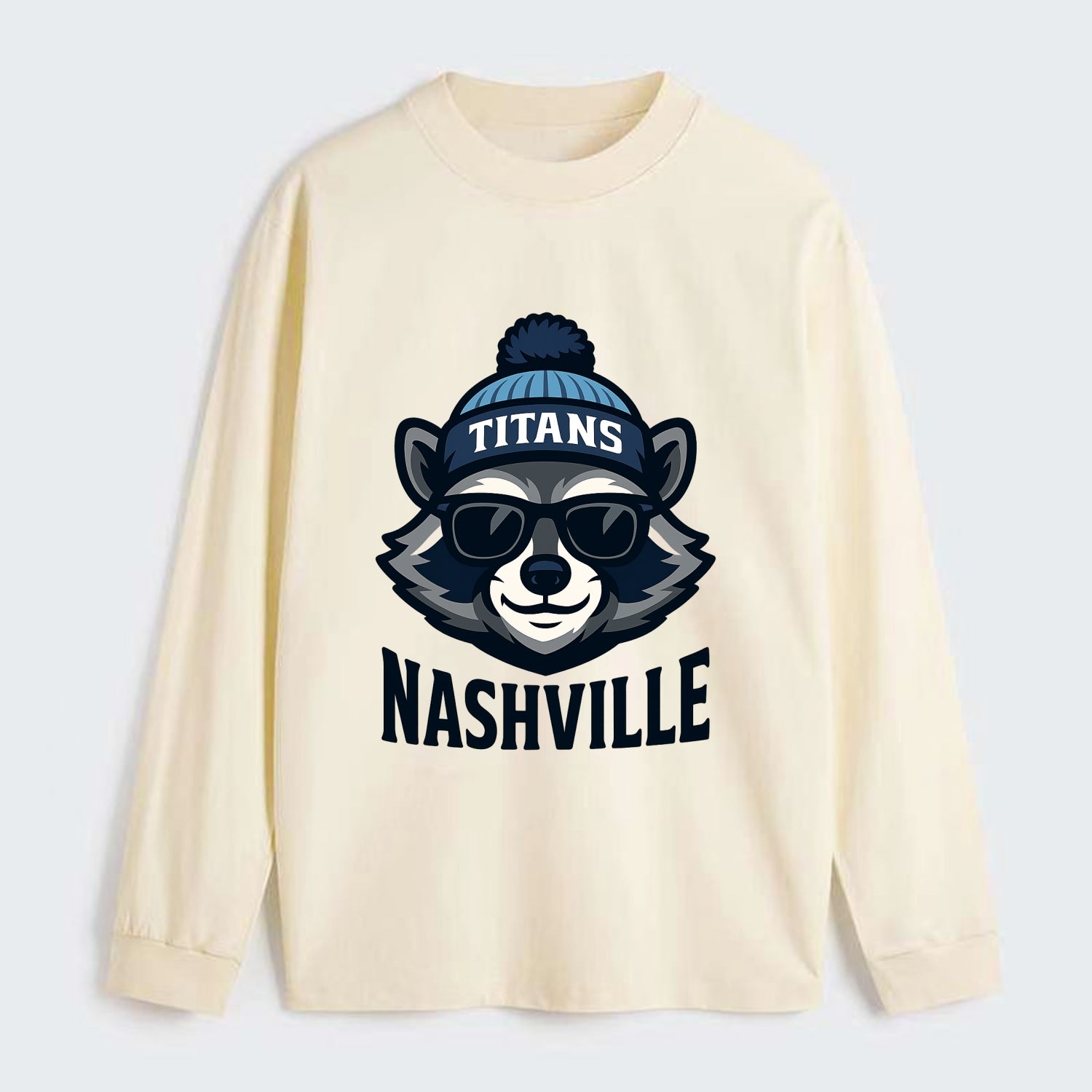 Nashville Raccoon wearing Titans navy and light blue beanie with pom - Classic Long Sleeve Shirt - Beige