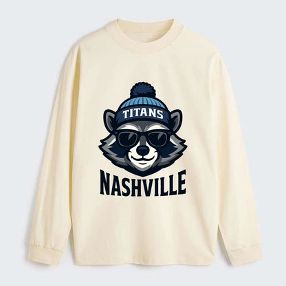Nashville Raccoon wearing Titans navy and light blue beanie with pom - Classic Long Sleeve Shirt - Beige